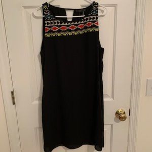NWT THML Black Shift Dress Lined Embroidered w/ Bright Aztec Mayan Pattern, SZ L